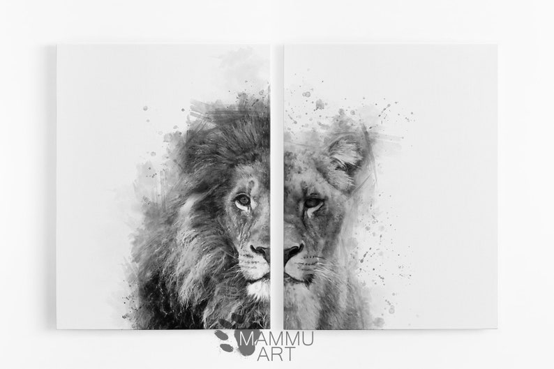 Black and White Lions Framed Canvas Wall Art Set of 2 Etsy