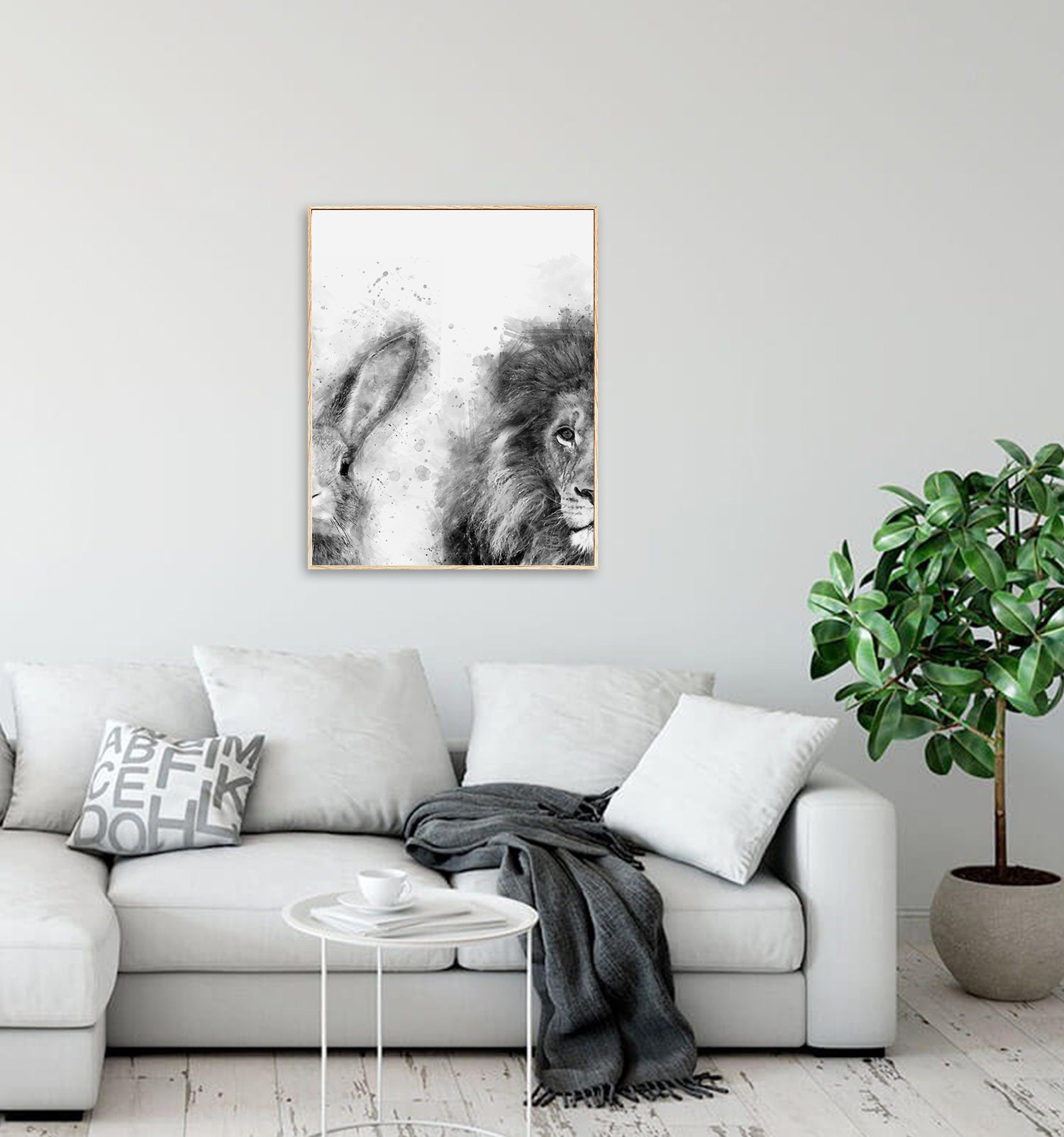 Black and White Rabbit and Lion printable watercolor wall art. | Etsy