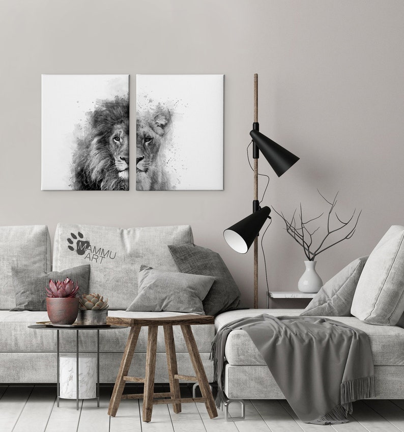 Black and White Lions Framed Canvas Wall Art Set of 2 Etsy