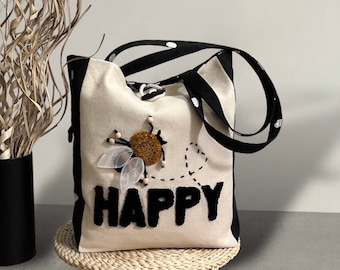 Punch needle tote bag, Modern punch needle, polka dot bag , Punch needle shopper bag, Bee happy bag
