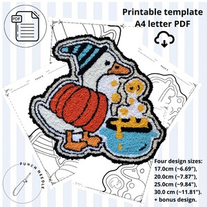 May include: A colorful punch needle pattern featuring a goose wearing a hat and holding a pumpkin. The design includes a pot of gold and is surrounded by the text "Printable template A4 letter PDF". Four design sizes are available: 6.69", 7.87", 9.84", and 11.81".