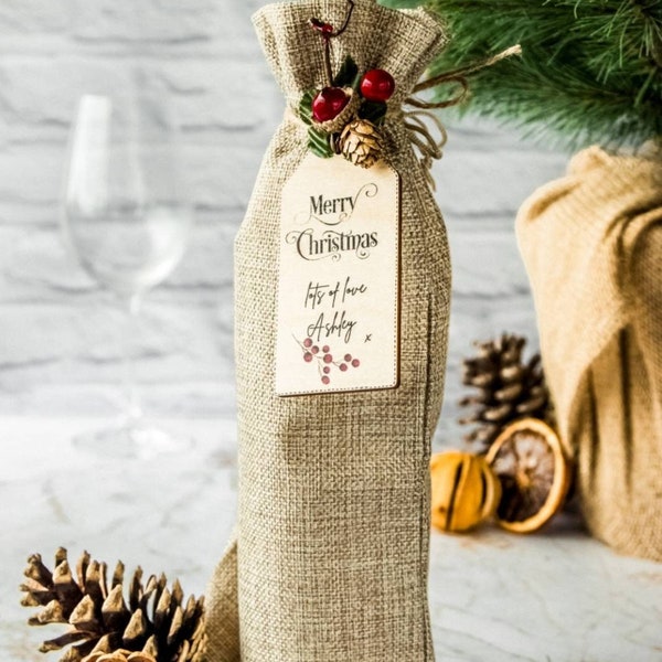 Burlap Flaschentasche von Daisydoorcrafts, Flaschen Geschenktasche und personalisierter Anhänger, Weihnachtsgeschenk, geheimer Weihnachtsmann, Strumpffüller