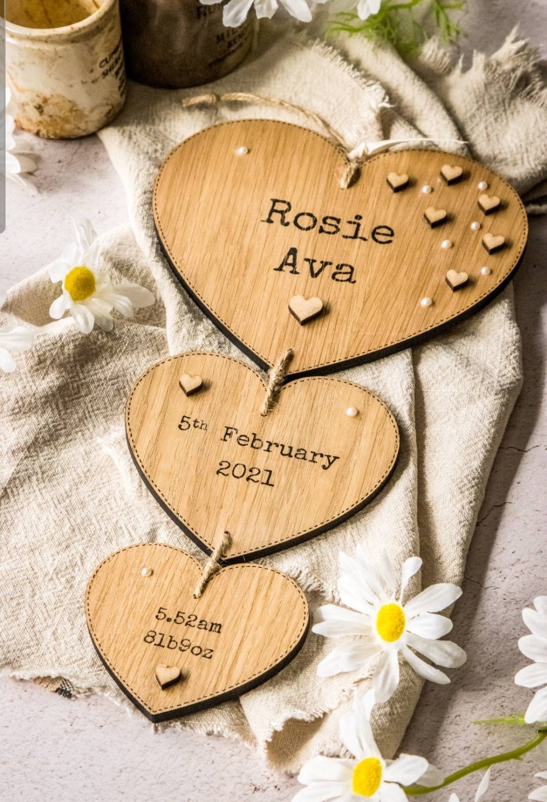 Personalized Oak Veneer Hanging Hearts: New Baby Keepsake