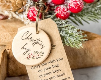Christmas Hug Keyring: Oak Veneer Pocket Token, Stocking Filler