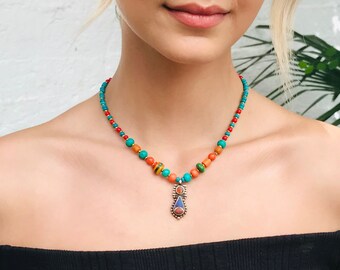 Dainty Gemstone Necklace Collier femme Tibetan Necklace Collier Turquoise Lapis Necklace 50th Birthday Gift for Women Cadeau Maitresse