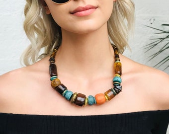 Bold Statement Necklace Mothers Day Gift Chunky Gemstone Necklace Collier femme Bohemian Glass Necklace Cadeau Maitresse