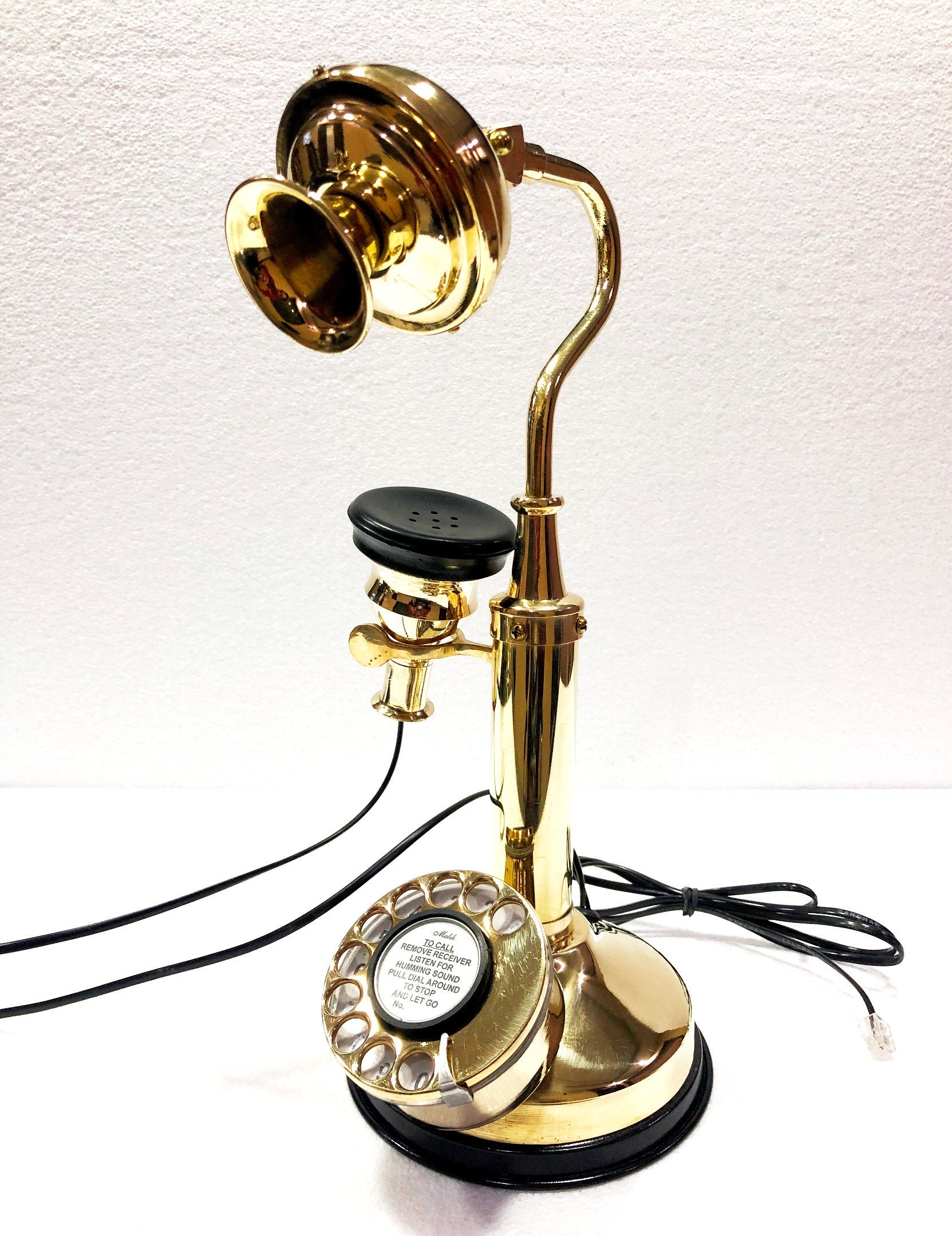 Antique Brass American Landline Telephone Vintage Rotary Dial Candlestick Phone 
