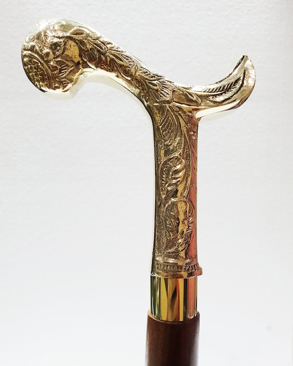 Vintage Brass Handle Walking Cane - 36 Inch Antique Style Wooden Walking Stick