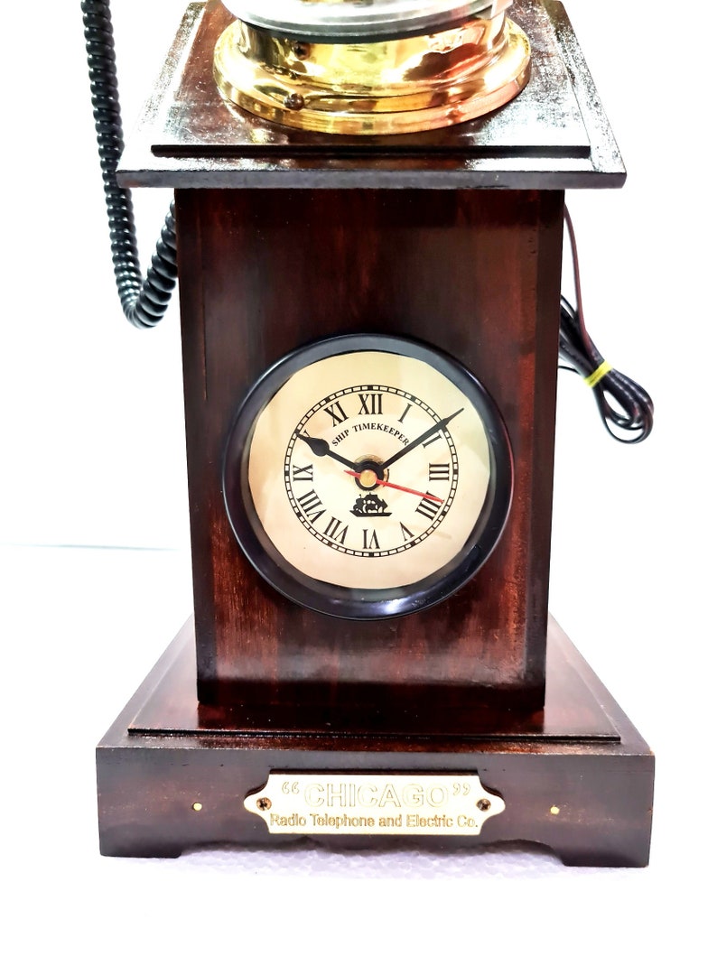 Beautiful Wooden Clock Vintage Antique Nautical Solid Victorian Brass Rotary Dial Working Telephone