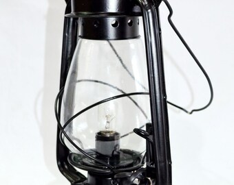 Electric Vintage Stable Black Lantern Lamp with Blown Glass Chimney 