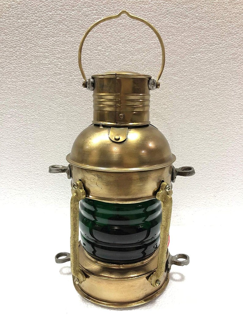 Vintage Brass Electric Green Lamp Maritime Ship Lantern Boat Light Home Decorative