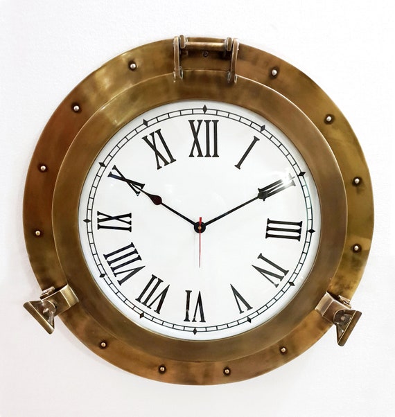 Antique Aluminum Porthole Wall Clock Vintage Battery Quartz Home Decor Clock