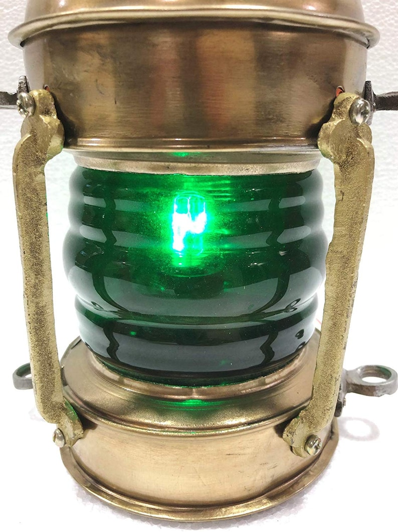 Vintage Brass Electric Green Lamp Maritime Ship Lantern Boat Light Home Decorative