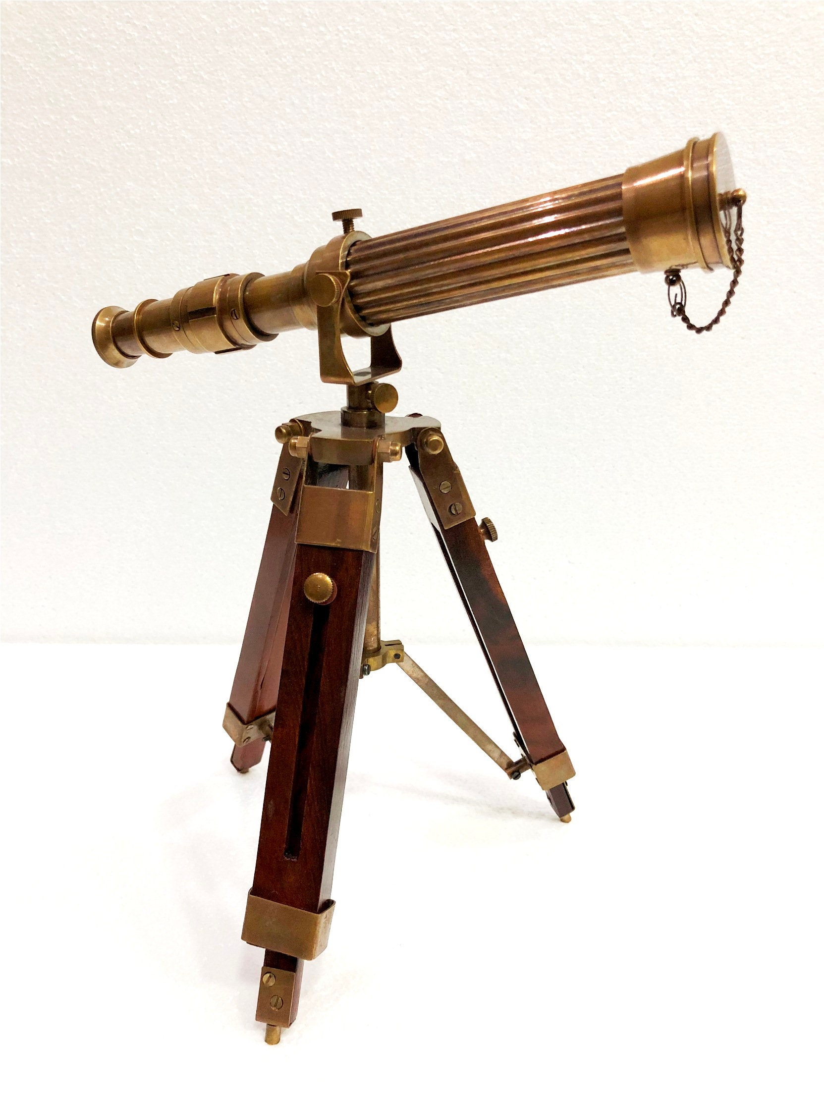 Vintage Brass Marine Ship Telescope With Antique Wooden Base With Tripod Stand 