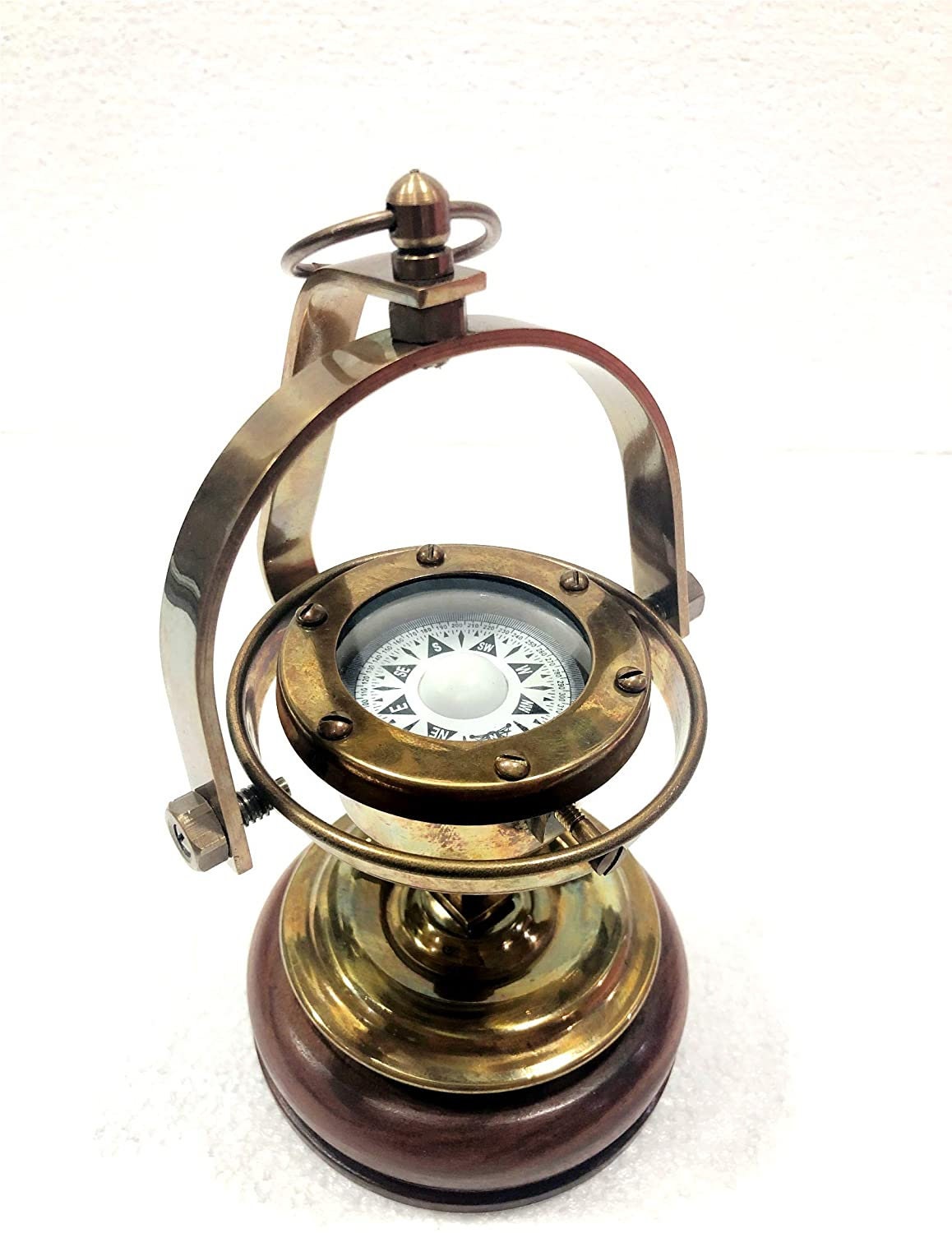Antique Brass Gimble Compass Wood Base Maritime Collectible Gift 
