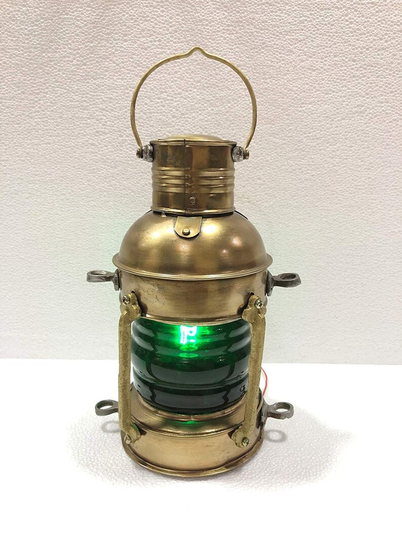 Vintage Brass Electric Green Lamp Maritime Ship Lantern Boat Light Home Decorative
