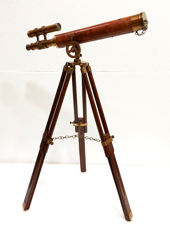 Nautical telescope double barrel with leather wooden tripod antique maritime 