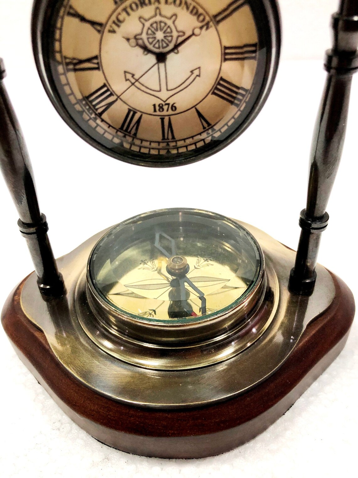 Antique Brass Table Clock Compass Style Nautical Maritime Ship Etsy