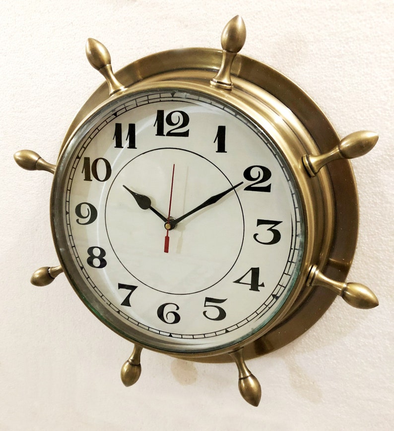 Antique Marine Brass Ship Wheel Clock 38.1 Cm Nautical Wall Etsy UK