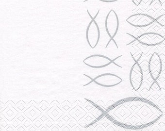 20 Napkins Lunch Communion Confirmation Baptism Fish white silver