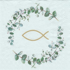 20 napkins lunch communion confirmation fish eucalyptus branch green