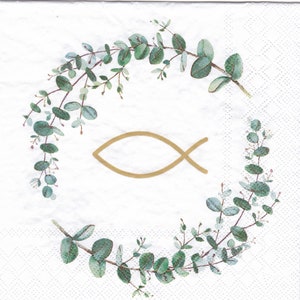 20 napkins Lunch Communion Confirmation Fish Eucalyptus Branch white