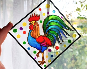 Rooster Stained Glass Hand Painted Window Hanging. Garden Glass Chicken Decor. Friendly Gift. Farmhouse Stained Glass Bird Sun catcher