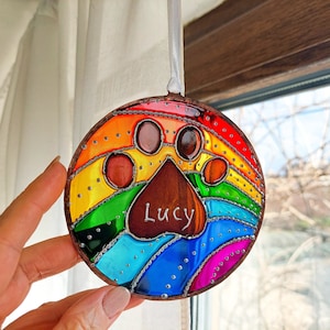 Rainbow Bridge Sun catcher. Hand Painted Stained Glass. Dog memorial. Rainbow Heart Paw Print Suncatcher. Pet loss Memorial Gift. Keepsake