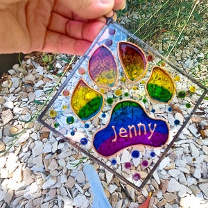 Personalized Rainbow Bridge Dog and Cat Memorial Keepsake. Hand Painted Stained Glass Sun catcher. Rainbow Paw Print Sun catcher image 8