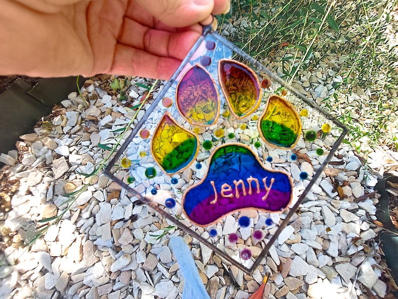 Personalized Rainbow Bridge Dog and Cat Memorial Keepsake. Hand Painted Stained Glass Sun catcher. Rainbow Paw Print Sun catcher image 8