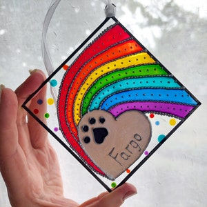 Custom Rainbow Bridge Pet Memorial – Hand Painted Stained Glass Paw Print – Rainbow Heart Suncatcher – Pet Loss Gift for Dog or Cat