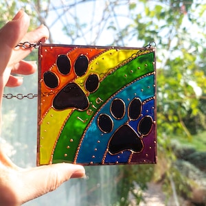 Personalized Rainbow Bridge Dog and Cat Memorial Keepsake. Hand Painted Stained Glass Sun catcher. Rainbow Paw Print Sun catcher image 2