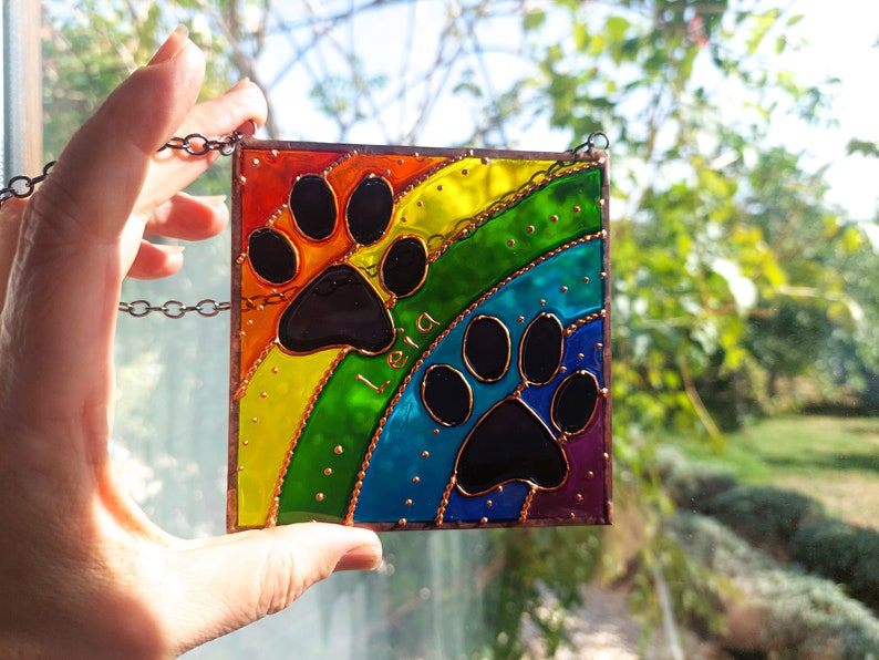 Personalized Rainbow Bridge Dog and Cat Memorial Keepsake. Hand Painted Stained Glass Sun catcher. Rainbow Paw Print Sun catcher image 2