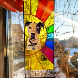 Custom Rainbow Dog Memorial Suncatcher - Personalized Pet Portrait - Hand Painted Stained Glass