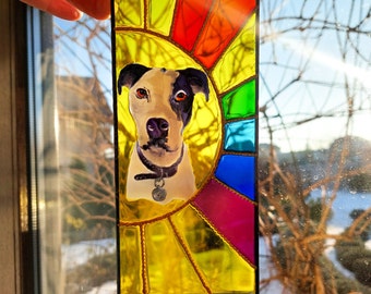 Personalized Pet Portrait. Sun and Rainbow Dog Memorial. Custom Pet Stained Glass. Rainbow Pet Sun catcher. Hand Painted Stained Glass.