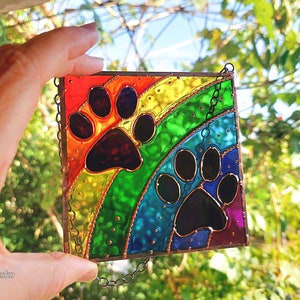 Personalized Rainbow Bridge Dog and Cat Memorial Keepsake. Hand Painted Stained Glass Sun catcher. Rainbow Paw Print Sun catcher image 10
