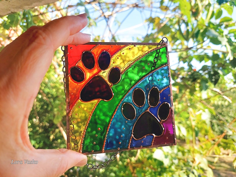 Personalized Rainbow Bridge Dog and Cat Memorial Keepsake. Hand Painted Stained Glass Sun catcher. Rainbow Paw Print Sun catcher image 10