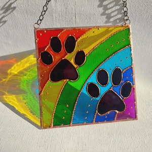 Personalized Rainbow Bridge Dog and Cat Memorial Keepsake. Hand Painted Stained Glass Sun catcher. Rainbow Paw Print Sun catcher image 3