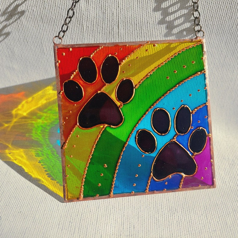 Personalized Rainbow Bridge Dog and Cat Memorial Keepsake. Hand Painted Stained Glass Sun catcher. Rainbow Paw Print Sun catcher image 3