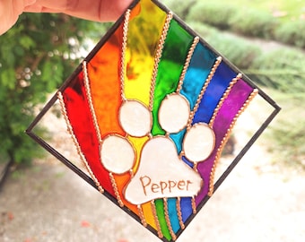 Personalized Rainbow Bridge Paw Print Suncatcher, Pet Memorial Gift, Stained Glass Dog or Cat Loss Keepsake, Rainbow Window Hanging