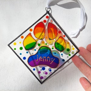 Personalized Rainbow Bridge Dog and Cat Memorial Keepsake. Hand Painted Stained Glass Sun catcher. Rainbow Paw Print Sun catcher image 4