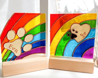 Personalized Rainbow Paw Print Memorial Suncatcher, Pet Loss Gift for Dog, Hand Painted Stained Glass Keepsake Cat, Pet Sympathy Decor