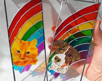 Personalized Pet Portrait. Loss Gift. Rainbow Dog Memorial. Custom Pet Stained Glass. Rainbow Pet Sun catcher. Hand Painted Stained Glass.