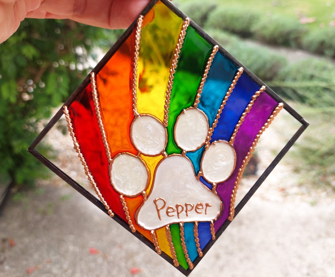 Personalized Rainbow Bridge Paw Print Suncatcher: Stained Glass Pet ...