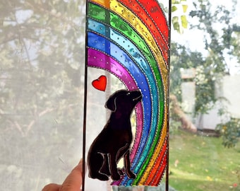 Personalized Rainbow Bridge Dog Memorial Sun catcher. Custom Rainbow Pet Memorial Keepsake. Pet loss gift. Hand Painted Stained Glass.