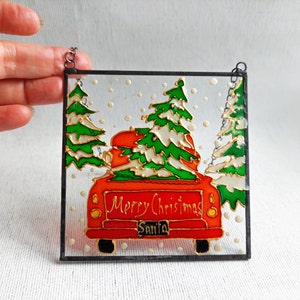 Santa&#39;s Red Truck Suncatcher - Hand Painted Stained Glass Christmas Decor - Xmas Window Hanging Gift