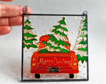 Santa's Red Truck Hand Painted Sun catcher. Stained Glass Red Xmas Decor. Christmas Gift. Christmas Star. Window Hangins. Red Car Ornament