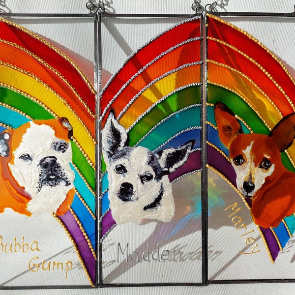Personalized Pet Portrait Sun catcher. Custom Rainbow Pet loss. Hand Painted Stained Glass. Dog Loss Gift. Rainbow Pet Memorial Suncatcher