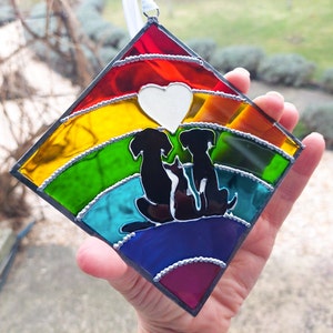 2 Dogs & Cat Rainbow Bridge Suncatcher – Hand-Painted Pet Memorial – Stained Glass Rainbow Heart – Pet Loss Keepsake – Sympathy Gift