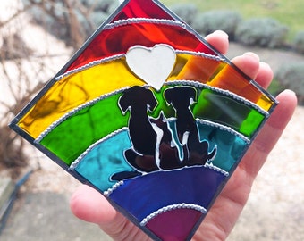 Rainbow Heart Paw Print Sun catcher: Hand Painted Stained Glass, Two Dogs and Cat Rainbow Bridge Memorial Keepsake